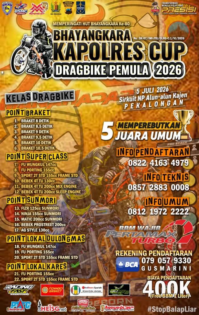 Bhayangkara Kapolres Cup Dragbike Pemula 2026 Jadi Terdekat Sambut HUT Bhayangkara ke-80 di Kabupaten Pekalongan