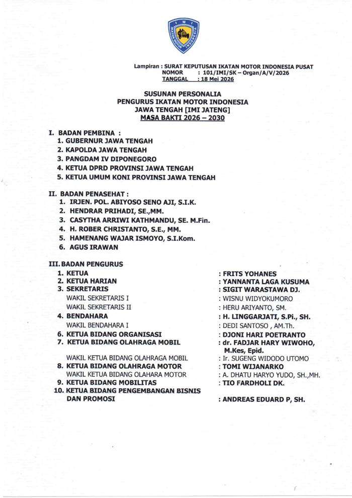 Resmi Pimpin Periode Kedua, Frits Yohanes Bawa IMI Jawa Tengah Menuju Era Prestasi Baru