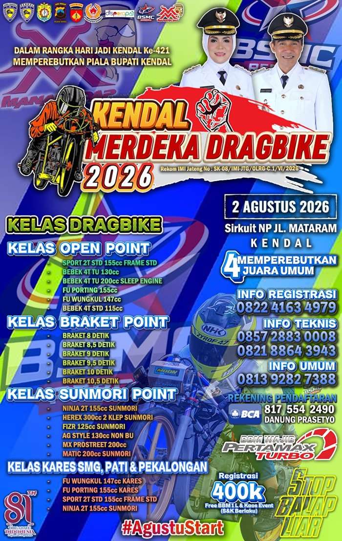 Kendal Merdeka Dragbike 2026 Siap Digelar, Empat Gelar Juara Umum Jadi Rebutan di Hari Jadi Kendal ke-421