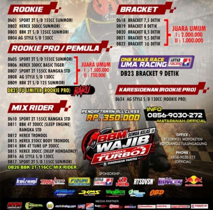 Matapanah Rookie Drag Bike 2026 Bhayangkara Cup Siap Digelar di Tulungagung, Buka 24 Kelas dan Rangkul Pembalap Liar