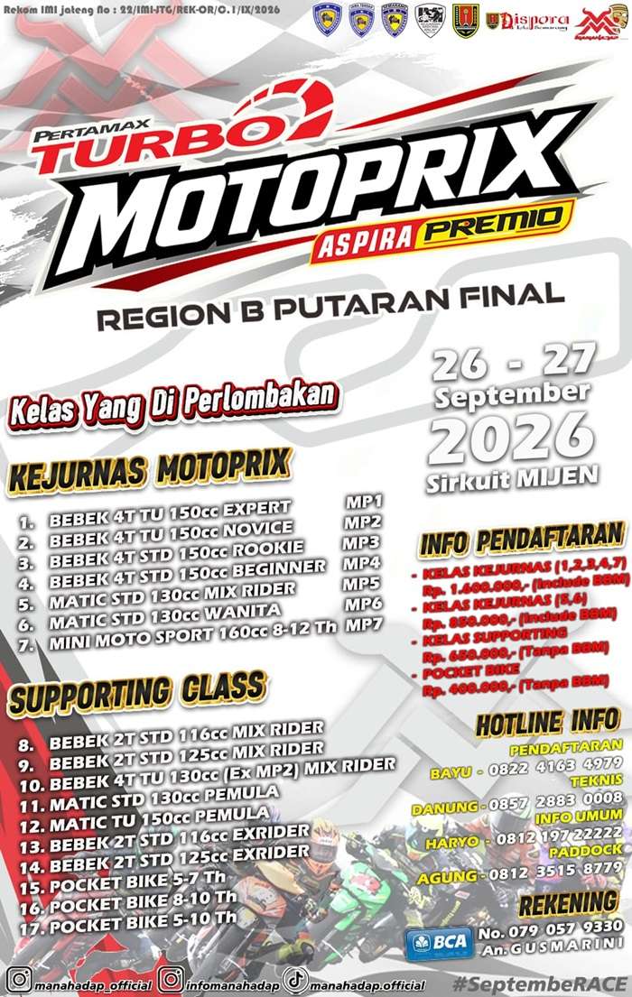 Final Kejurnas MotoPrix 2026 di Sirkuit Mijen Semarang, Catat Jadwal 26-27 September