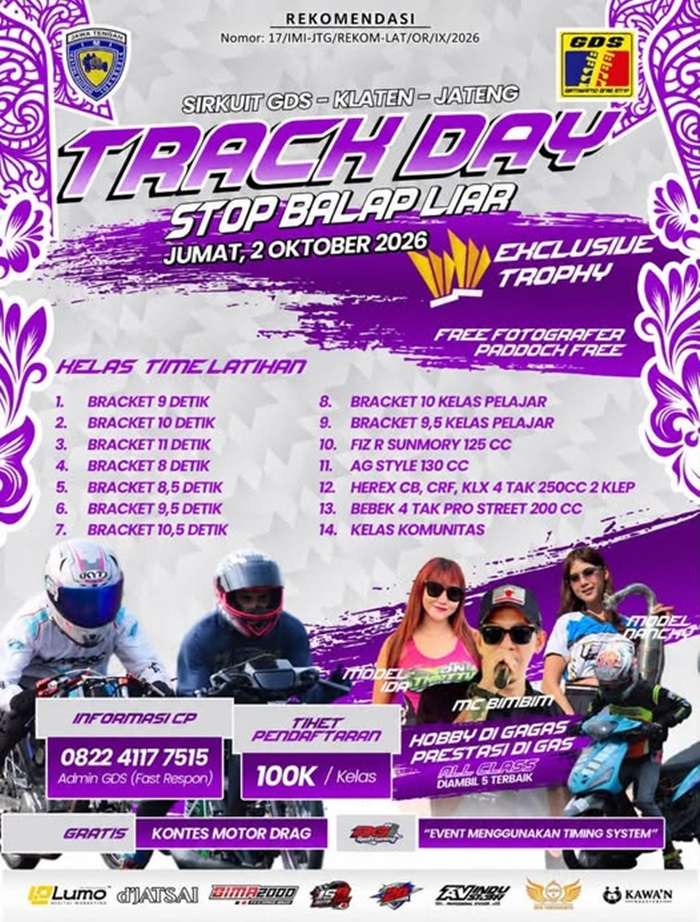 Track Day GDS Klaten 2026 Digelar 2 Oktober, Jadi Ajang Latihan Joki Balap 201 Meter